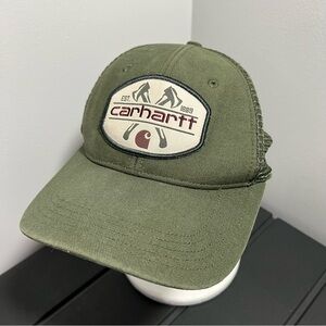 Vintage Carhartt Axe Green Meshback Adjustable Snapback Trucker Hat Mens